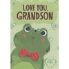 Designer Greetings Cute Frog Wearing Red and Silver Bowtie on Light Green Grid Pattern Juvenile Valentine's Day Card for Grandson view 1