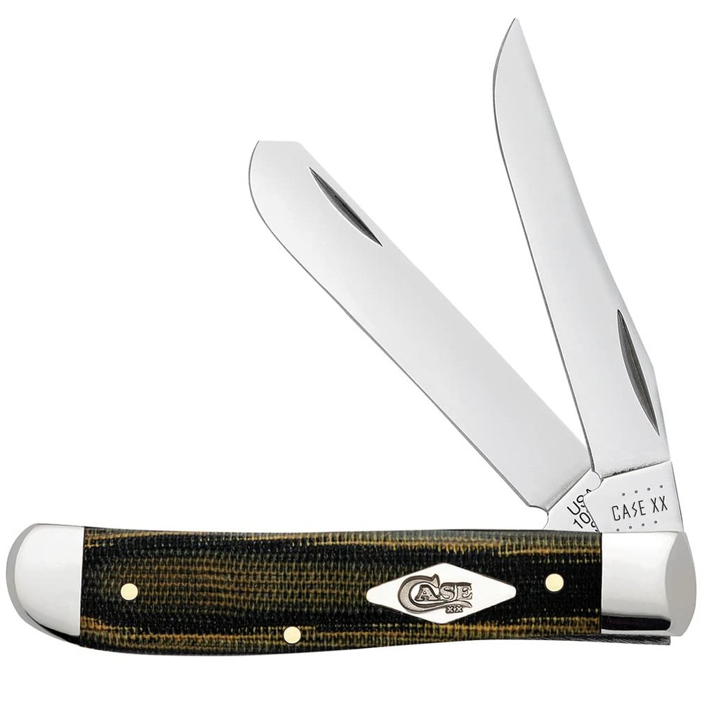 Case XX WR POCKET KNIFE MINI TRAPPER - SMOOTH BLACK/GREEN/NATURAL CANVAS MICARTA, ITEM 23472, LENGTH CLOSED 3 1/2 INCH (10207 SS)