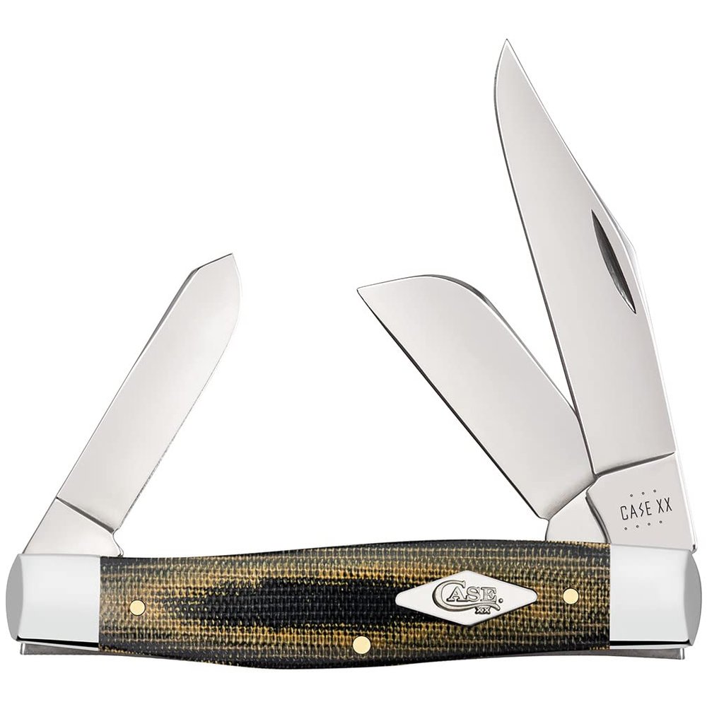 Case XX WR POCKET KNIFE LARGE STOCKMAN - SMOOTH BLACK/GREEN/NATURAL CANVAS MICARTA, ITEM 23476, LENGTH CLOSED 4 1/4 INCH (10375 SS)