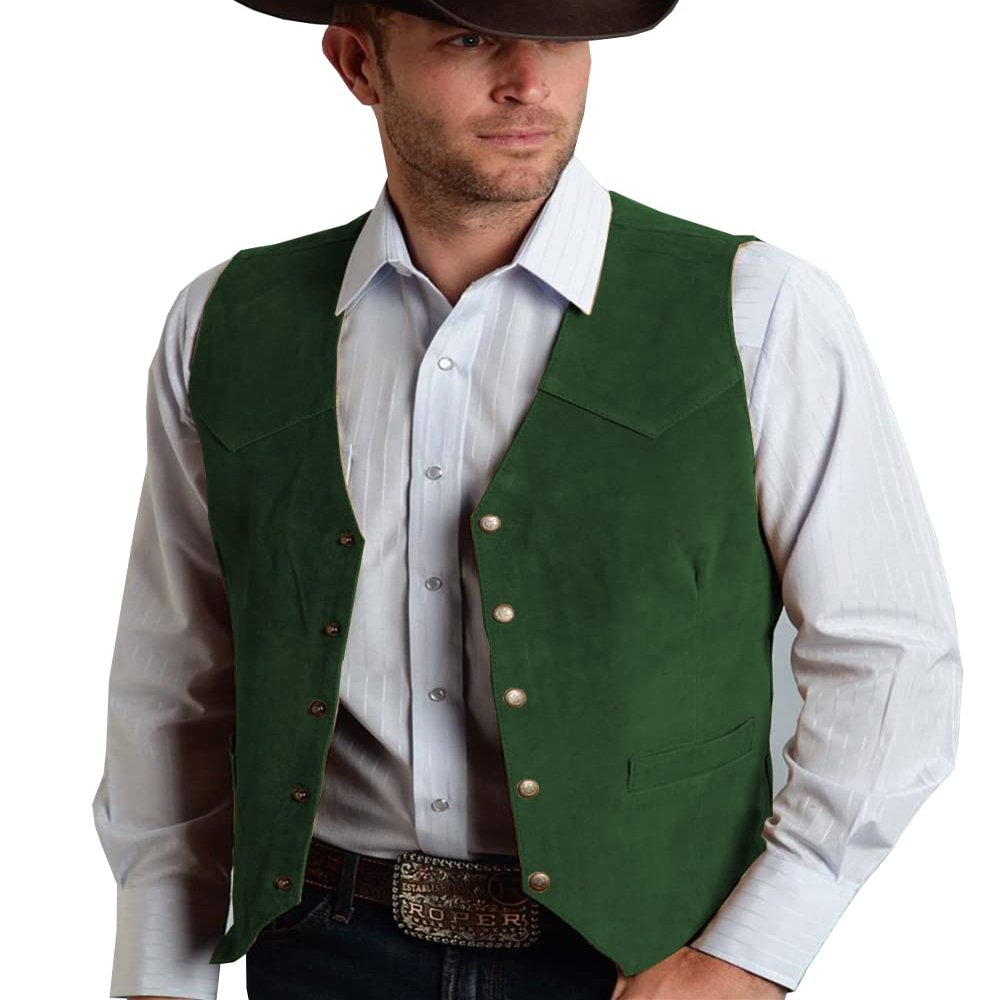 Garqia Clyon Men's Cowboy Suede Leather Vest Western Vest Cowhide Suede Waistcoat for Men(DarkGreen,XL)