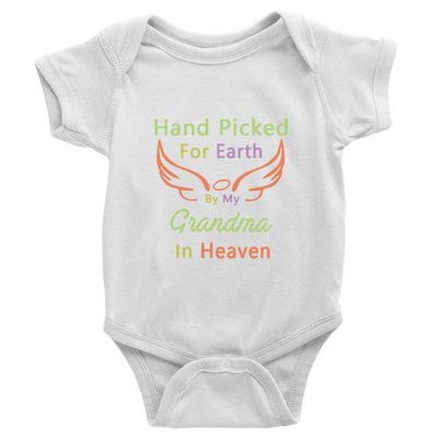 Hand Picked by My Grandma in Heaven Cute Baby Bodysuit Short Sleeve Romper Breathable Jumpsuit D-White