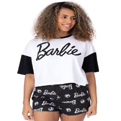 Barbie Womens Pajama Set | Ladies White Cropped T-Shirt & Black Elasticated Shorts Complete PJs | Fashion Doll Sleepwear