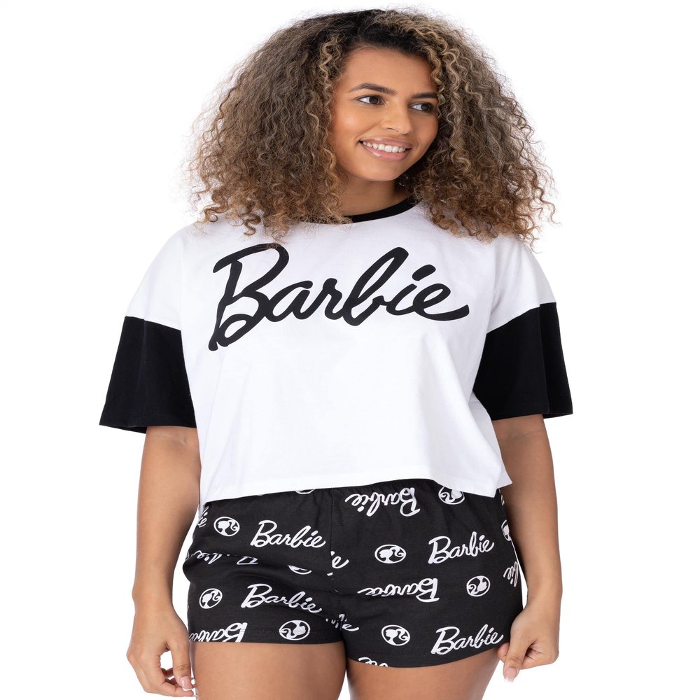 Barbie Womens Pajama Set | Ladies White Cropped T-Shirt & Black Elasticated Shorts Complete PJs | Fashion Doll Sleepwear