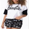 Barbie Womens Pajama Set | Ladies White Cropped T-Shirt & Black Elasticated Shorts Complete PJs | Fashion Doll Sleepwear view 2
