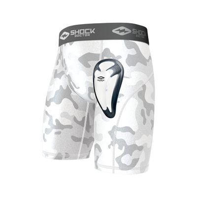 Shock Doctor Compression Short Underwear with BioFlex Cup. Athletic Support, White Camo, Adult, S