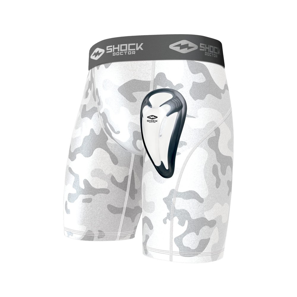 Shock Doctor Compression Short Underwear with BioFlex Cup. Athletic Support, White Camo, Adult, S