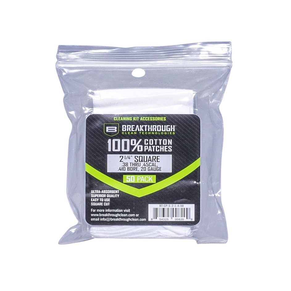 Breakthrough Clean Technologies Cotton Patches, 2.25" Square, .38 Thru .45 Caliber, .410 Bore & 20-Gauge, 50-Pack