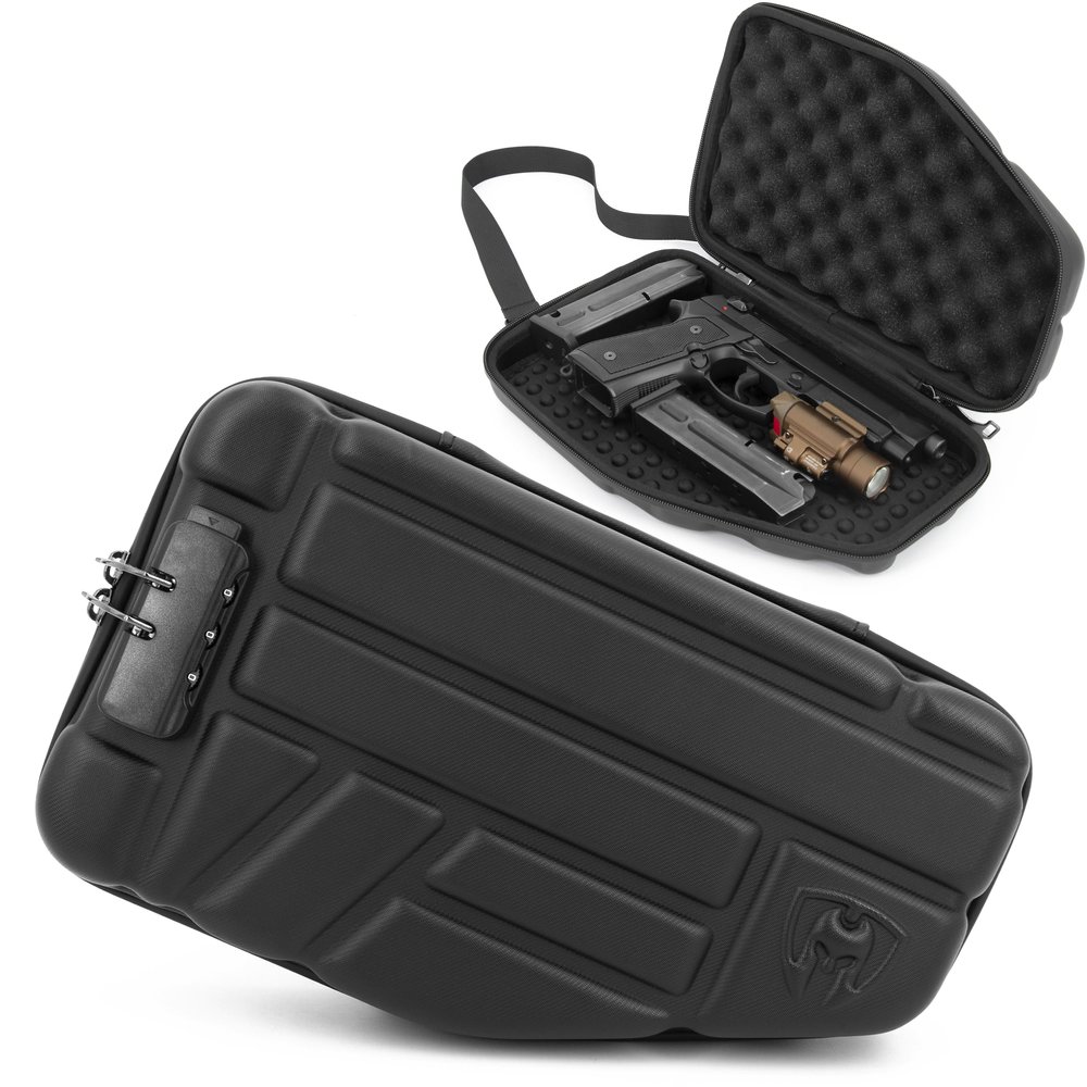 CASEMATIX Locking Pistol Case Fits Small to Large 9mm Pistols with Room For Extra Clips and Attachments- Portable EVA Gun Rug Handgun Case with Snap In Zippers, Water Resistant, Shoulder Strap