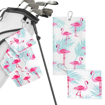 Microfiber Golf Towels for Golf Bags & Carts - Premium Weave Waffle & Ball Towels with Carabiner Clip, Essential Accessories for Men, Women and Kids, Golfer Gifts, Set of 2 (Flamingo Tropics)