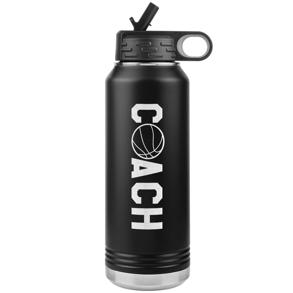 JFWcreations Basketball Coach Water Bottle - 32oz Insulated Engraved Stainless Steel Flip Top with Straw Basketball Coach Gift Black