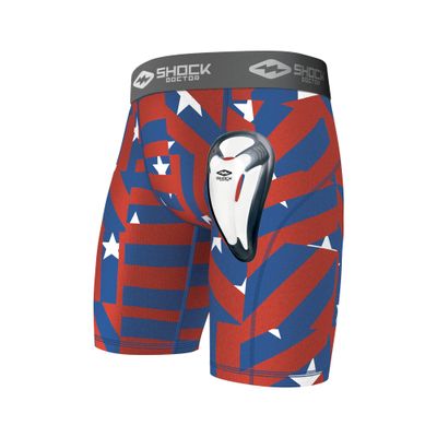 Shock Doctor Compression Short Underwear with BioFlex Cup. Athletic Support, Stars and Stripes, Adult, S