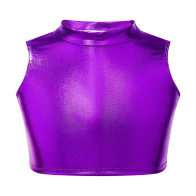 YEAHDOR Kids Girls Metallic Turtleneck Ballet Dance Stage Performance Crop Tops Gymnastics Workout Tank Top Purple 14