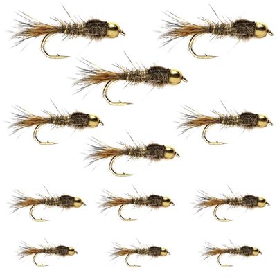 The Fly Fishing Place Tungsten Bead Head Gold Ribbed Hare's Ear Nymph Collection Fly Fishing Flies - Set of 12 Flies 3 Each Hook Size 10, 12, 14, 16