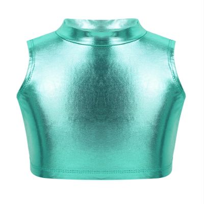 YEAHDOR Girls Kids Metallic Tank Top Sleeveless Shiny Crop Tank Tops Gymnastics for Stage Performance Lake Blue 16