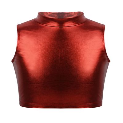 YEAHDOR Girls Kids Metallic Tank Top Sleeveless Shiny Crop Tank Tops Gymnastics for Stage Performance Red 16