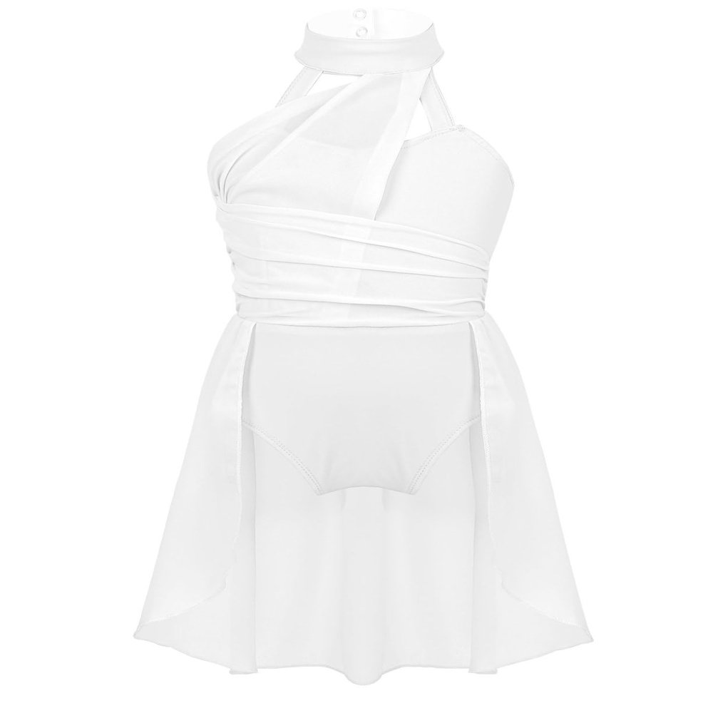 YEAHDOR Kids Girls Halter Cutout Back Lyrical Contemporary Ballet Dance Skirted Leotard Chiffon Dress Satge Costume Ivory 16