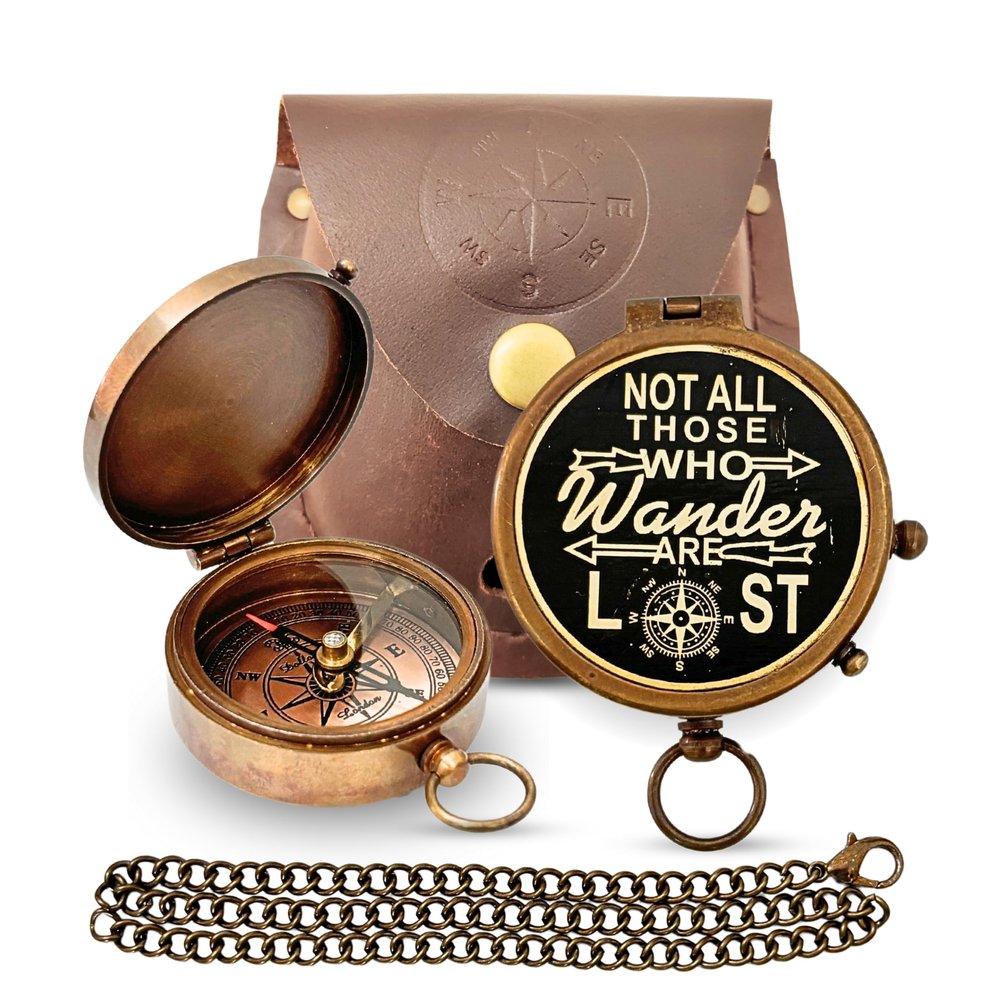 Brass Directional Engraved Compass, Baptism Gifts for Boys Girls, First Communion, Christian Gifts for Men, First Confirmation Gifts for Boys, Inspirational (#6 Not All Those Who with Leather Case)
