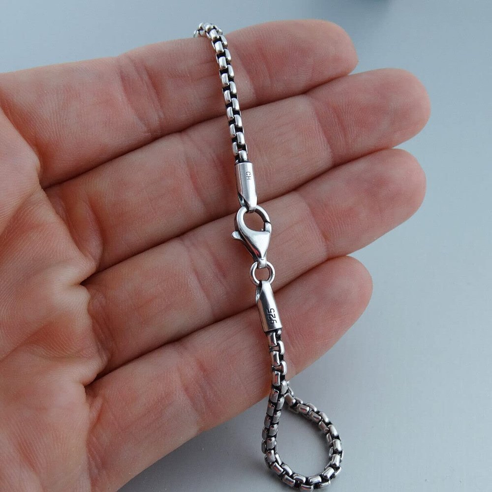 2.5mm Oxidized Round Box Chain - 925 Sterling Silver - Antiqued Darkened Mens
