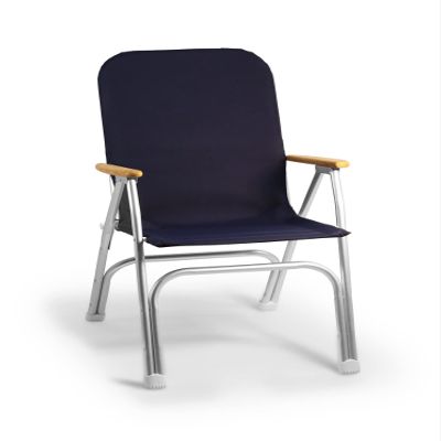 FORMA MARINE Folding Aluminum Boat Chair with Teak Armrests Uniform Fabric, Folding, Anodized, Navy Blue Fabric, Model M120NB