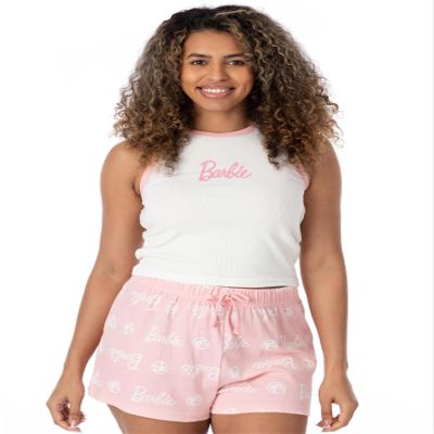 Barbie Ladies Pajama Set | Womens Ribbed White Vest & Pink All Over Print Elasticated Shorts | Fashion Doll Graphic Sleepwear