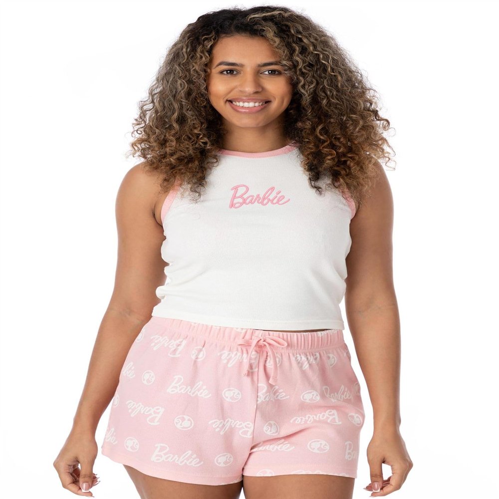 Barbie Ladies Pajama Set | Womens Ribbed White Vest & Pink All Over Print Elasticated Shorts | Fashion Doll Graphic Sleepwear
