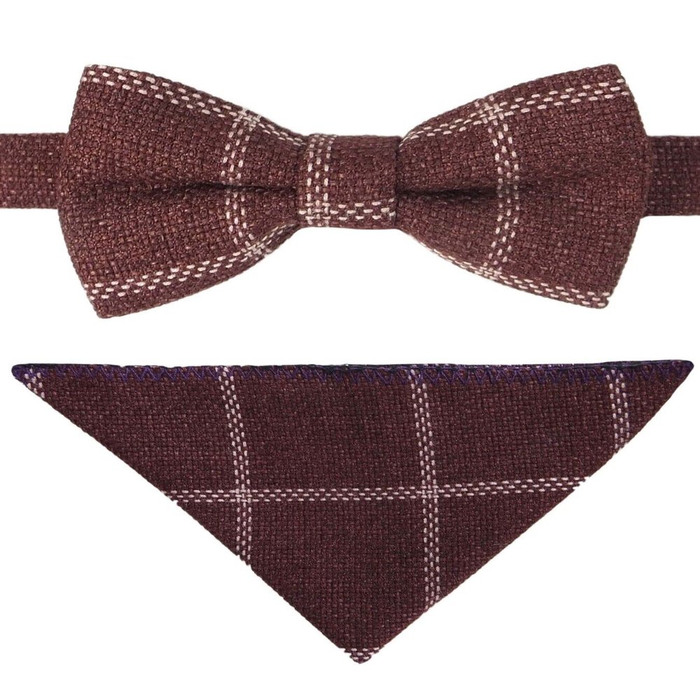 Boys Tweed Plaid Check Formal Wedding Smart Casual Maroon Bowtie Hankie Neckwear Accessory Set