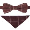 Boys Tweed Plaid Check Formal Wedding Smart Casual Maroon Bowtie Hankie Neckwear Accessory Set view 1