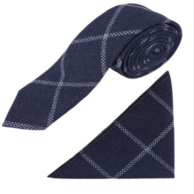 Boys Slim Tweed Plaid Check Formal Wedding Smart Casual Dark Navy Blue Tie Hankie Neckwear Acessory Set