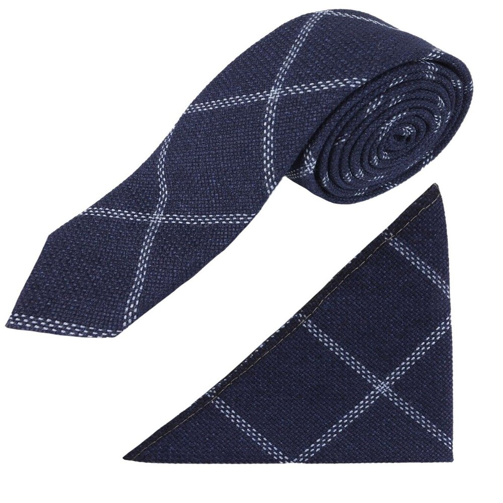 Boys Slim Tweed Plaid Check Formal Wedding Smart Casual Dark Navy Blue Tie Hankie Neckwear Acessory Set