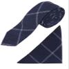 Boys Slim Tweed Plaid Check Formal Wedding Smart Casual Dark Navy Blue Tie Hankie Neckwear Acessory Set