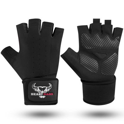 BEAST RAGE Padded Workout Gloves for Men, Long Wrist Straps Stabilize Adult Grip Weight Lifting Gloves with Powerlifting Support Gym, Exercise and Extra Pull ups Sturdy Palm (Black, L)