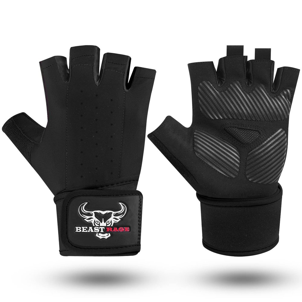 BEAST RAGE Padded Workout Gloves for Men, Long Wrist Straps Stabilize Adult Grip Weight Lifting Gloves with Powerlifting Support Gym, Exercise and Extra Pull ups Sturdy Palm (Black, L)