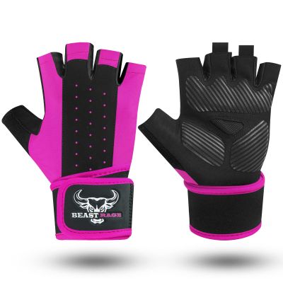 BEAST RAGE Padded Workout Gloves for Men, Long Wrist Straps Stabilize Adult Grip Weight Lifting Gloves with Powerlifting Support Gym, Exercise and Extra Pull ups Sturdy Palm (Pink, S)