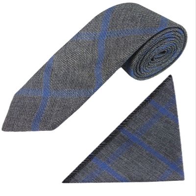 Boys Slim Tweed Plaid Check Formal Wedding Smart Casual Gray Blue Tie Hankie Neckwear Acessory Set