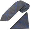 Boys Slim Tweed Plaid Check Formal Wedding Smart Casual Gray Blue Tie Hankie Neckwear Acessory Set view 1