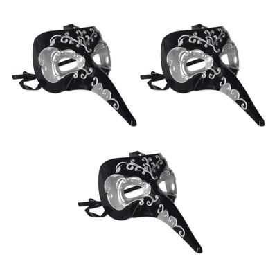 Beistle Masquerade Long Nose Masks, 3-Pack Black and Silver Venetian-Style Masks with Ribbon Ties Elegant Costume Accessories for Mardi Gras Parties Theatrical Events and Halloween