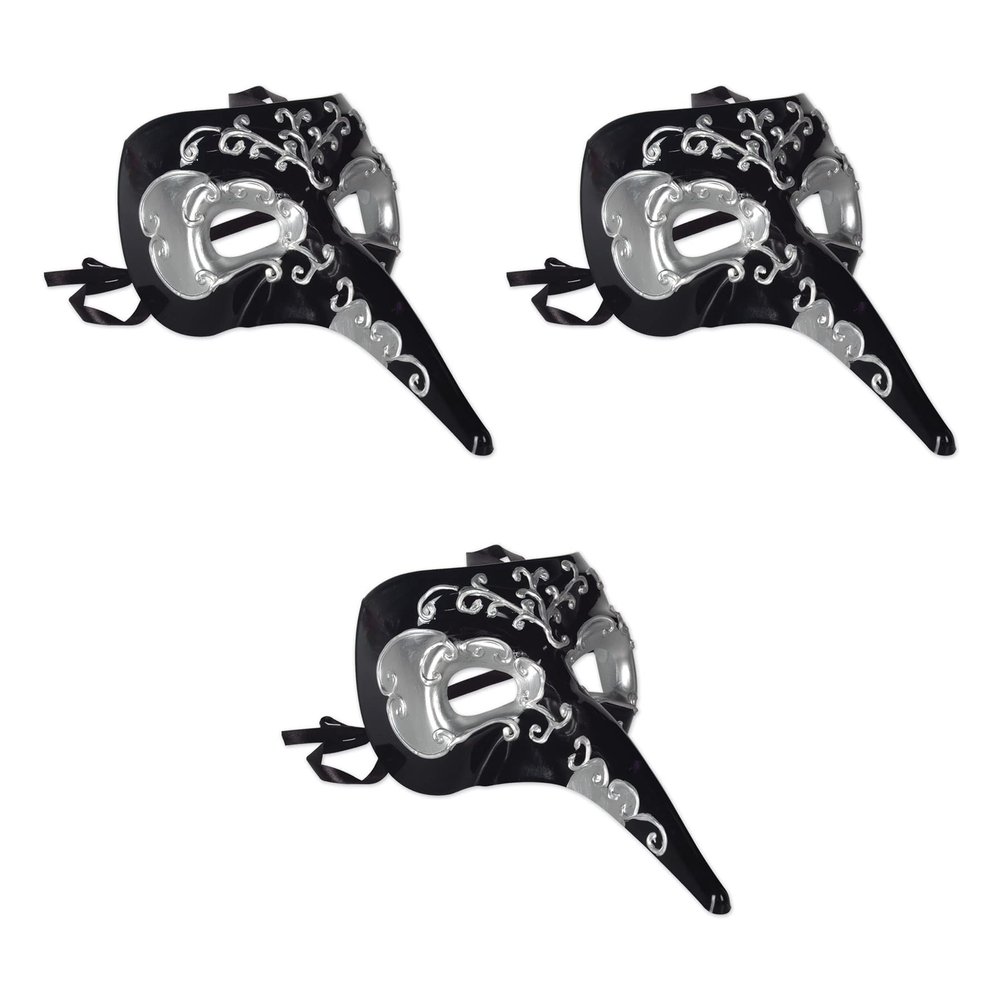Beistle Masquerade Long Nose Masks, 3-Pack Black and Silver Venetian-Style Masks with Ribbon Ties Elegant Costume Accessories for Mardi Gras Parties Theatrical Events and Halloween