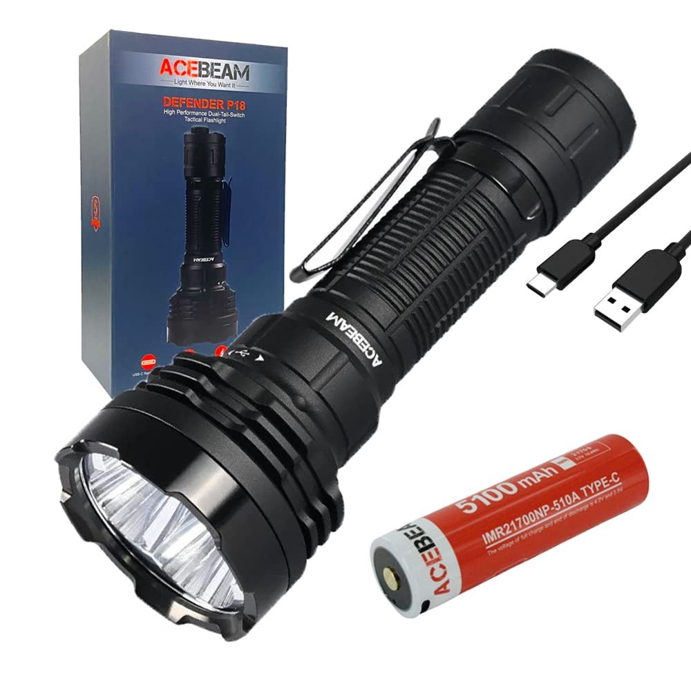 ACEBEAM Defender P18 Dual Switch Rechargeable Flashlight -5000 Lumens w/Eco-Sensa USB C Charging Cable