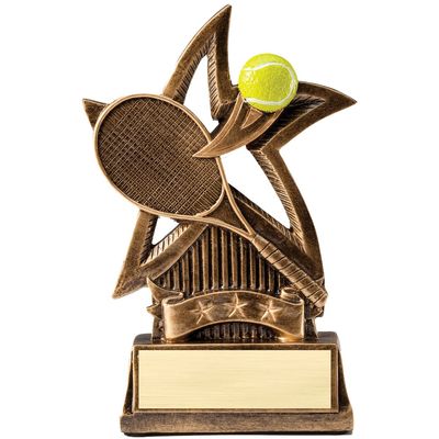 SHOP AWARDS AND GIFTS Customizable 6 Inch Sweeping Star Tennis Resin Trophy. Can Be Personalized