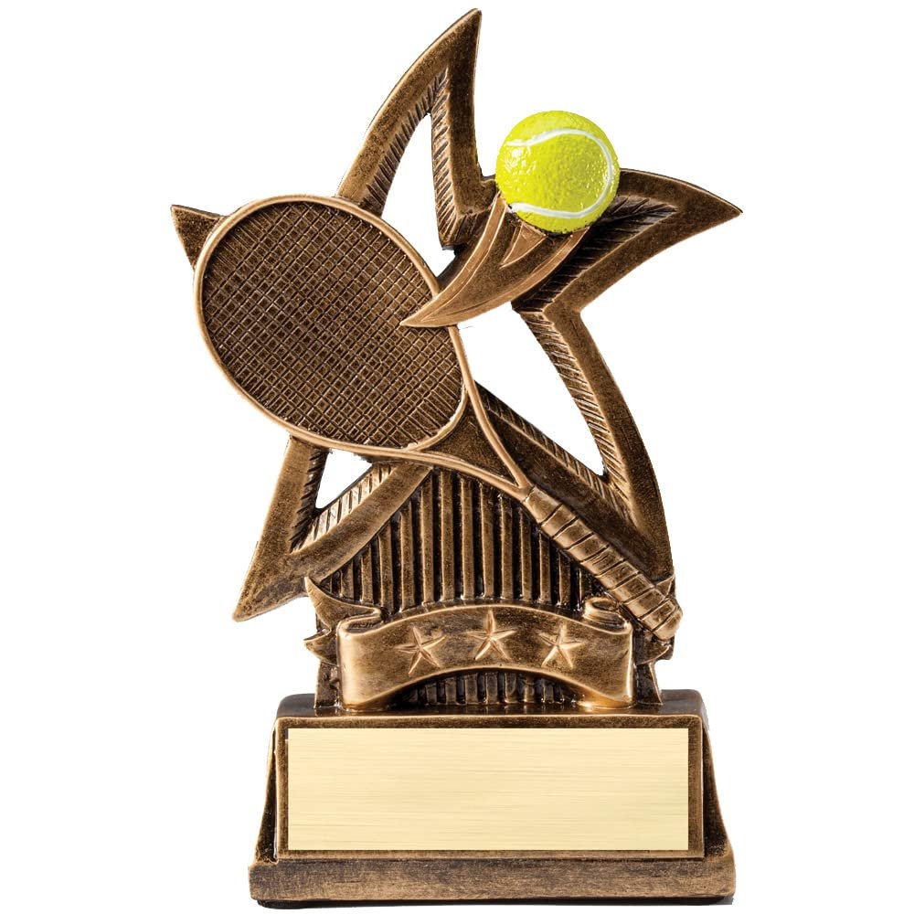 SHOP AWARDS AND GIFTS Customizable 6 Inch Sweeping Star Tennis Resin Trophy. Can Be Personalized