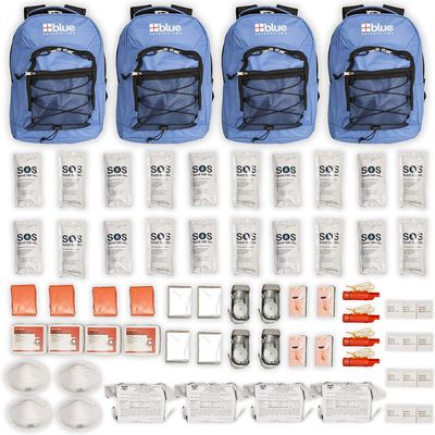 Family 4 Pack - Blue Seventy-Two Standard 72 Hour Emergency Backpack Survival Kit for 1 Person | Survival Kit for Wildfires, Earthquake, Tornado, Hurricane, and Other Emergencies
