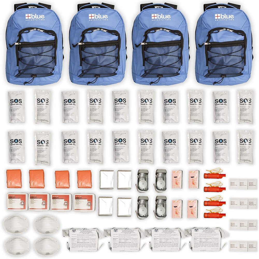 Family 4 Pack - Blue Seventy-Two Standard 72 Hour Emergency Backpack Survival Kit for 1 Person | Survival Kit for Wildfires, Earthquake, Tornado, Hurricane, and Other Emergencies