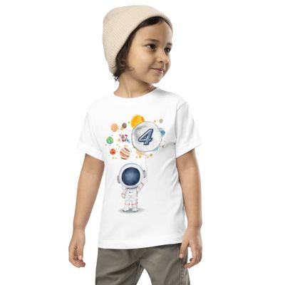 AMERIDESIGNS 4th Birthday Shirt, Astronaut Space Theme 4th Birthday Shirt, Toddler Short Sleeve Tee White
