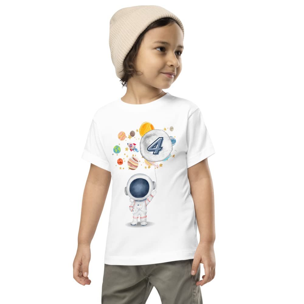 AMERIDESIGNS 4th Birthday Shirt, Astronaut Space Theme 4th Birthday Shirt, Toddler Short Sleeve Tee White