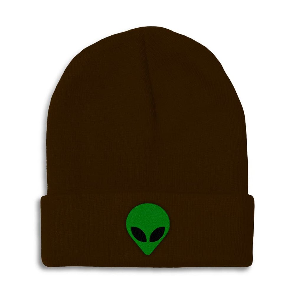 Beanies for Men Alien Green Head Black Eyes Embroidery Other Characters Extraterrestrials Winter Hats for Women Acrylic Skull Cap 1 Size Brown Design Only