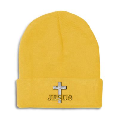 Beanies for Men Christian Cross Jesus Faith Jesus Christ Skull Cap Winter Hats for Women Acrylic One Size Yellow Design Only