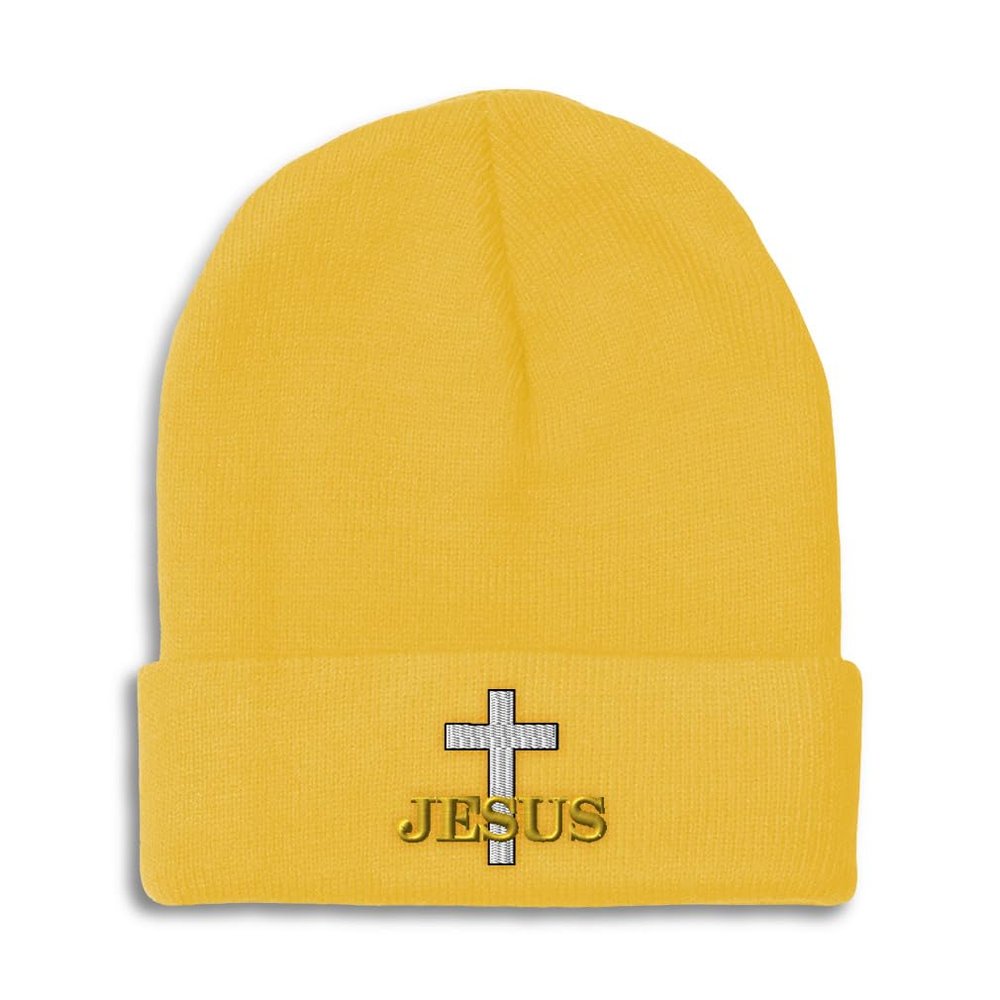 Beanies for Men Christian Cross Jesus Faith Jesus Christ Skull Cap Winter Hats for Women Acrylic One Size Yellow Design Only