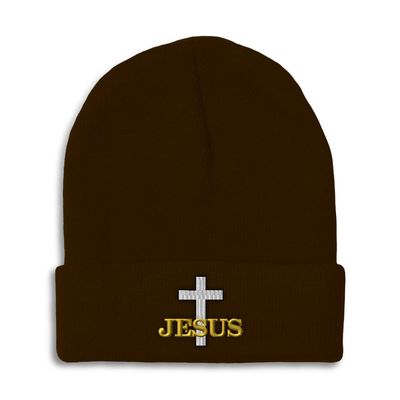 Beanies for Men Christian Cross Jesus Faith Jesus Christ Skull Cap Winter Hats for Women Acrylic One Size Brown Design Only