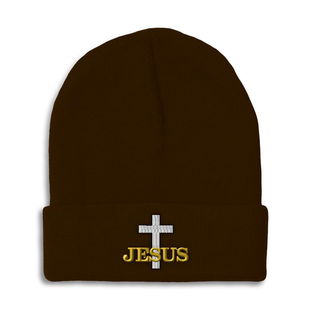 Beanies for Men Christian Cross Jesus Faith Jesus Christ Skull Cap Winter Hats for Women Acrylic One Size Brown Design Only