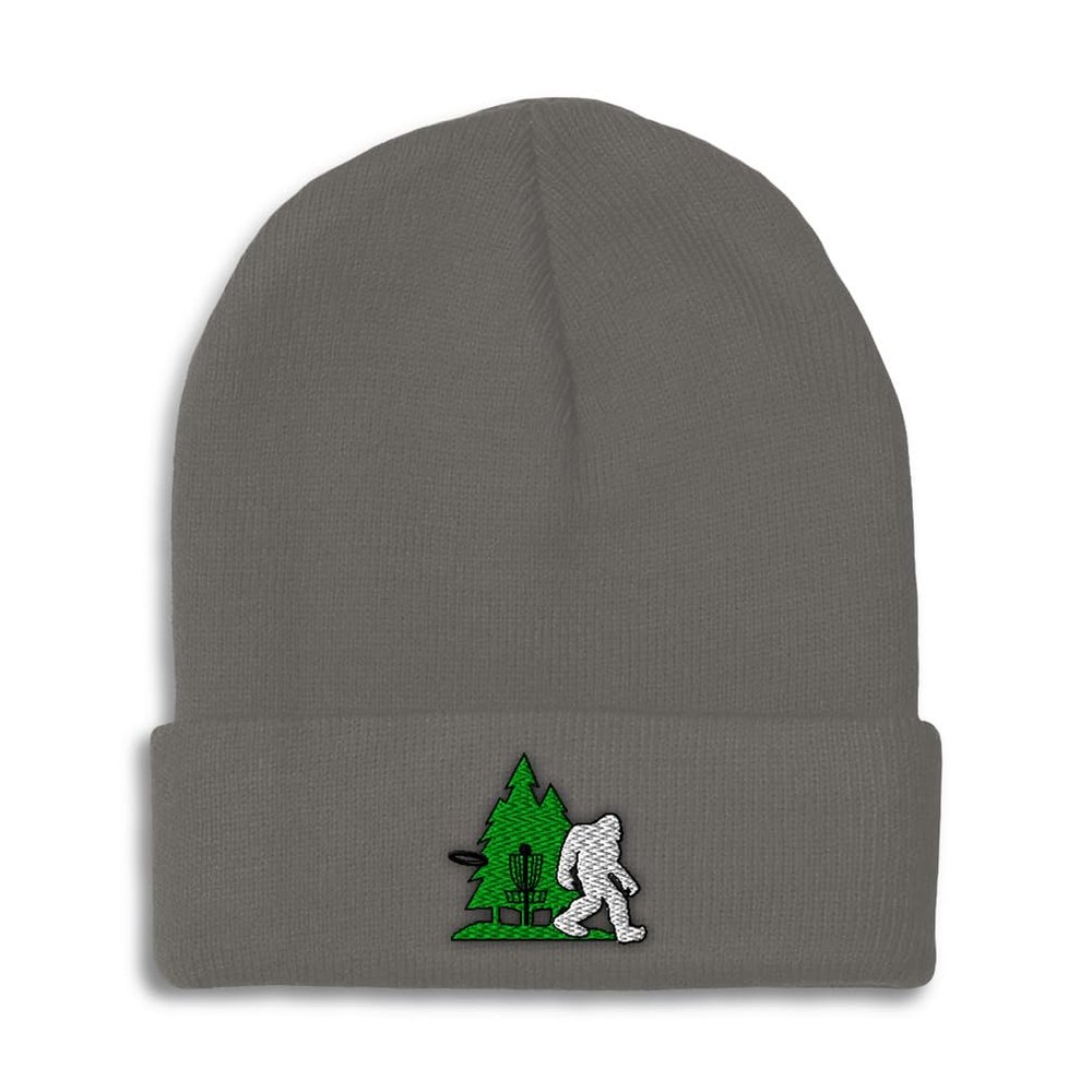 Beanies for Men Disc Golf, Tree and Yeti Embroidery Skull Cap Winter Hats for Women Acrylic One Size Dark Grey Design Only
